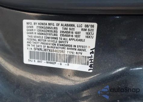 2006 Honda Odyssey Ex-L from USA, damaged, VIN 5FNRL387X6B462092
